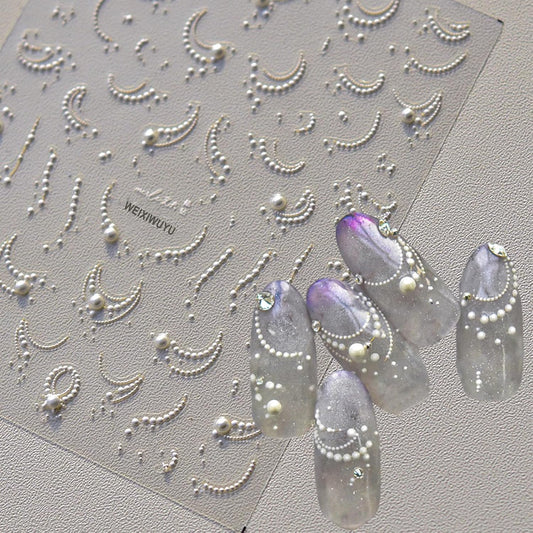 White French Tips Pearls Nail Art Stickers 5D Embossed Romantic Nail Stickers Line Nail Decals Design Nail Accessories for Women Valentine's Day Nail Art Decoration