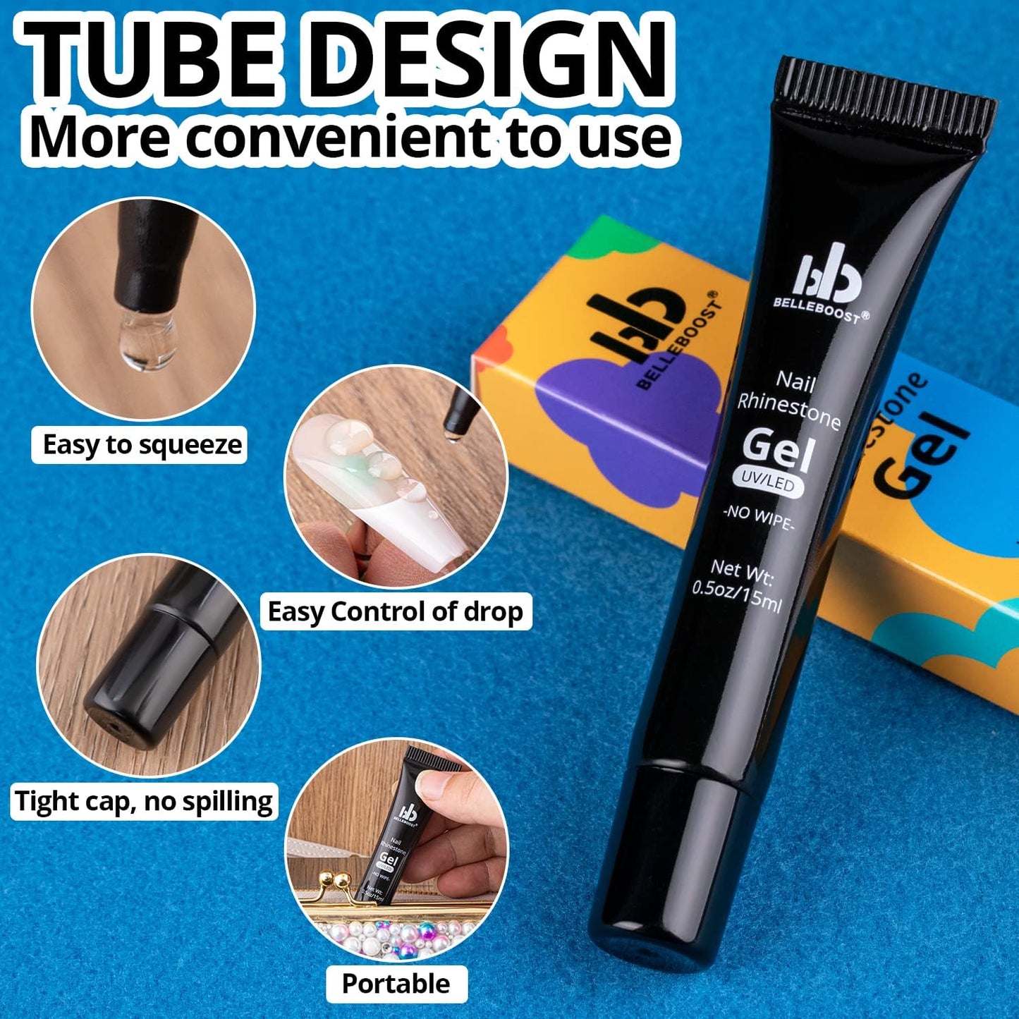 Nail Art Rhinestone Glue Gel&Flatback Gems Accessories Kit, 1 Tube of 15ml Rhinestone Gel Glue(UV/LED Needed)+1 Box of Flat-Back Half Round White Pearls with Pickup Pencil and Tweezer