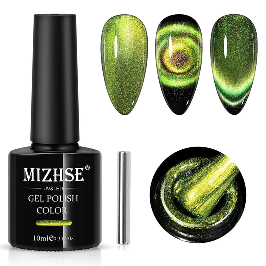 MIZHSE 9D Cat Eye Gel Nail Polish, Bright Green Magnetic Gel Polish with Magnet Stick, Magic Shimmer Galaxy Effect Holographic Glitter Silky Cat Eye Nail Polish Soak Off Nail Art Manicure at Home
