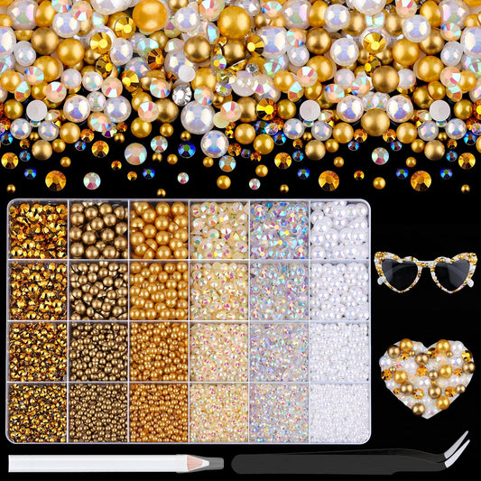 9000Pcs Flatback Pearls and Rhinestones for Bedazzling, White Brown Mixed Size 3-8mm Resin Rhinestones and Half Pearls for Crafting, Nail Art Grad Cap Decoration with Tweezers and Pickup Pencil