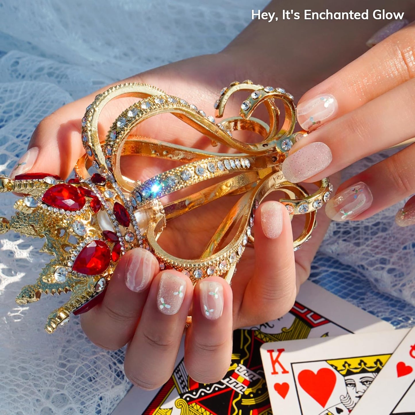 Semi Cured Gel Nail Strips | No LED Lamp Needed | Glitter, White | Easy Apply & Remove, Salon Quality Includes 28 Strips, 1 Prep Pads, Nail File & Wooden Stick - Hey, It's Enchanted Glow