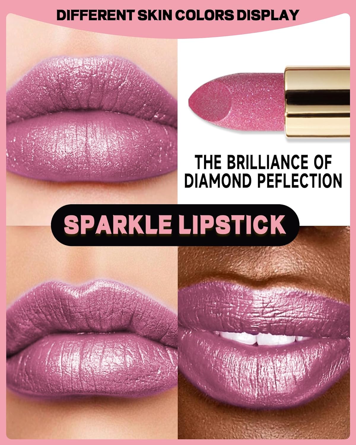 Metallic Nude Pink Glitter Lipstick Long Lasting,Glitter Lipstick Diamond Shimmer Lip Gloss for Women,Transfer Proof Non-Stick Lipgloss Highly Pigmented Full Coverage Red Lip Color Makeup Gift-02