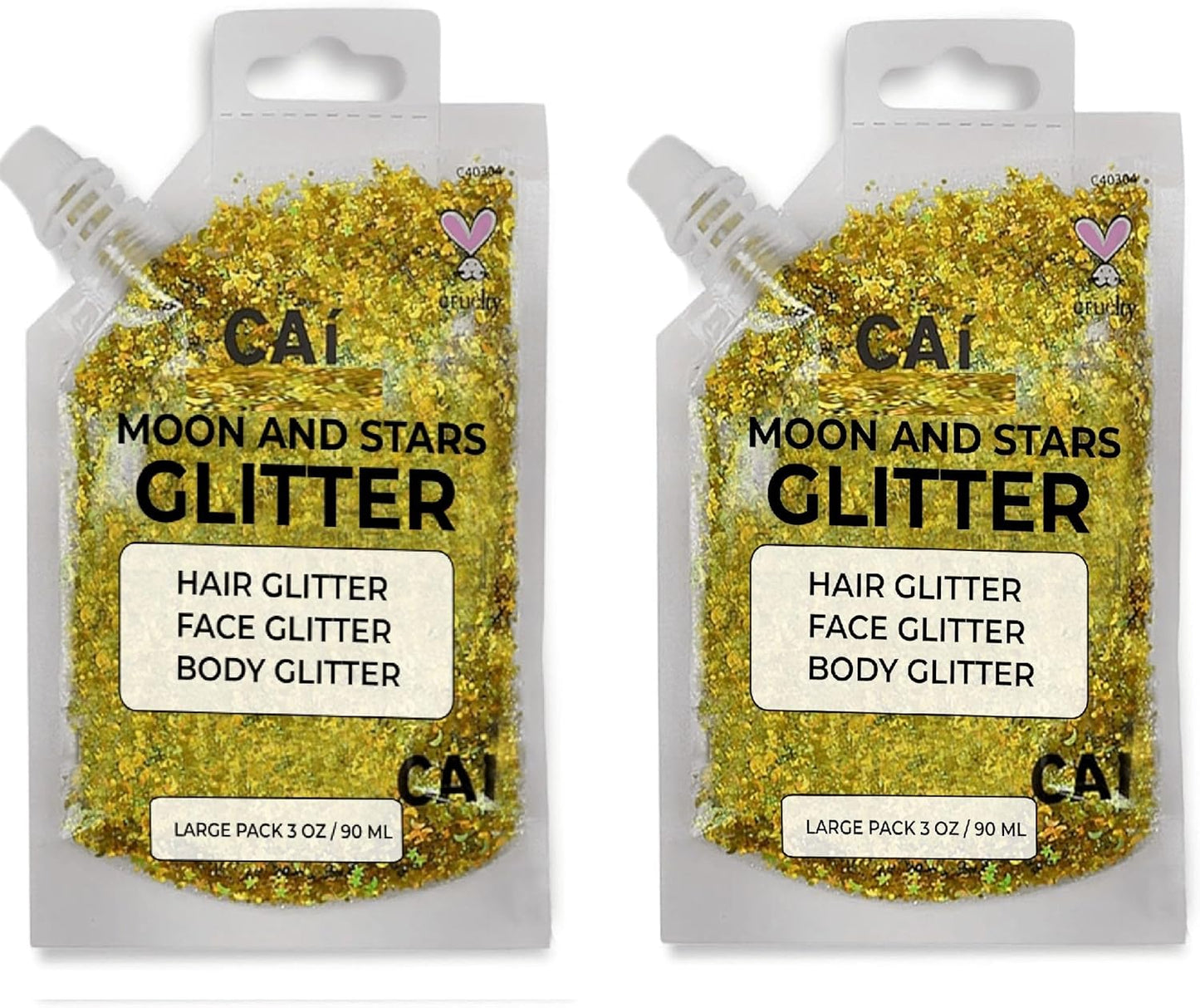 Face, Body & Hair Glitter Gel – Halloween Glitter for Kids and Women – 3 Oz Cosmetic-Grade Gel w/Moon & Stars for Festivals & Halloween Party, Easy Apply & Wash Off - Gold 2Pack