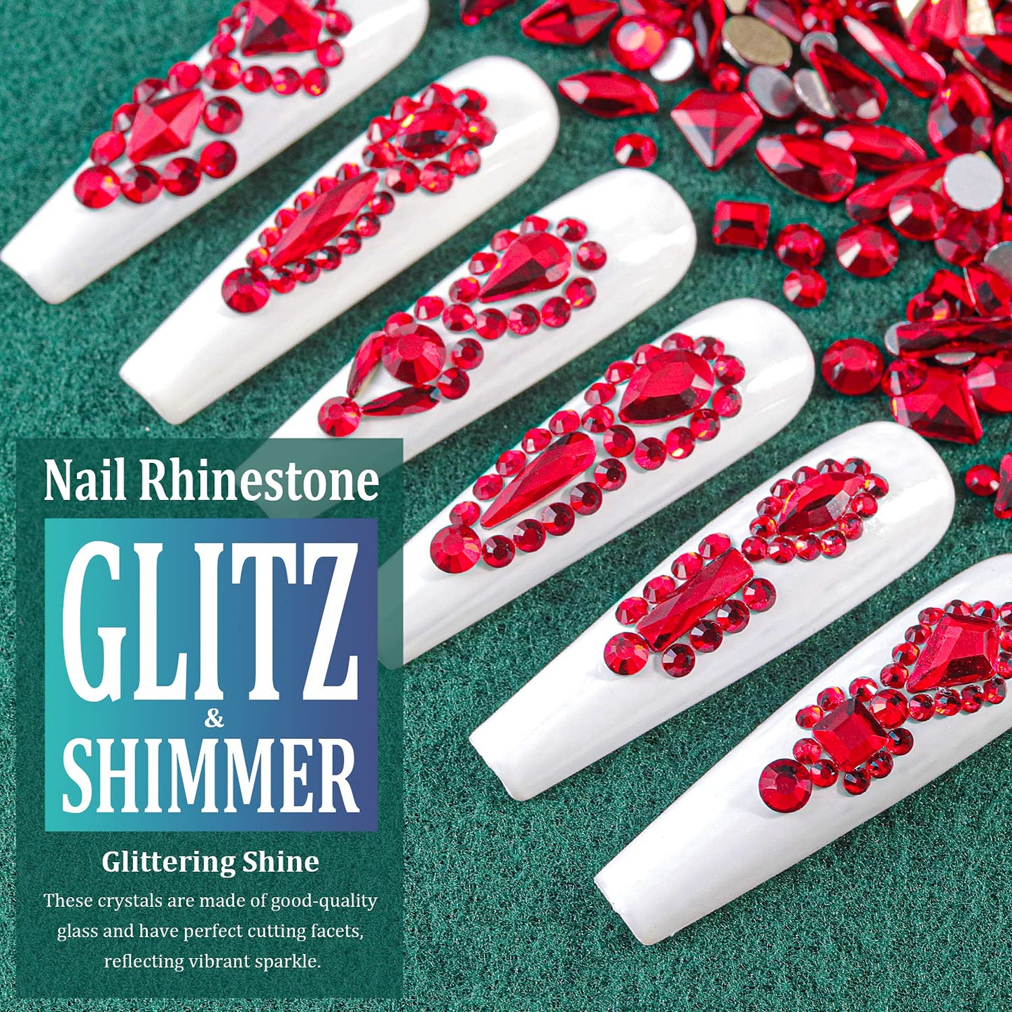 Multi Shapes Red 3D Glass Crystal Nail Art Rhinestones Kit with Flatback Round Bead Charm Gem Stone Jewelry Diamond with Pickup Pen + Tweezer for Manicure Makeup DIY Craft Decoration