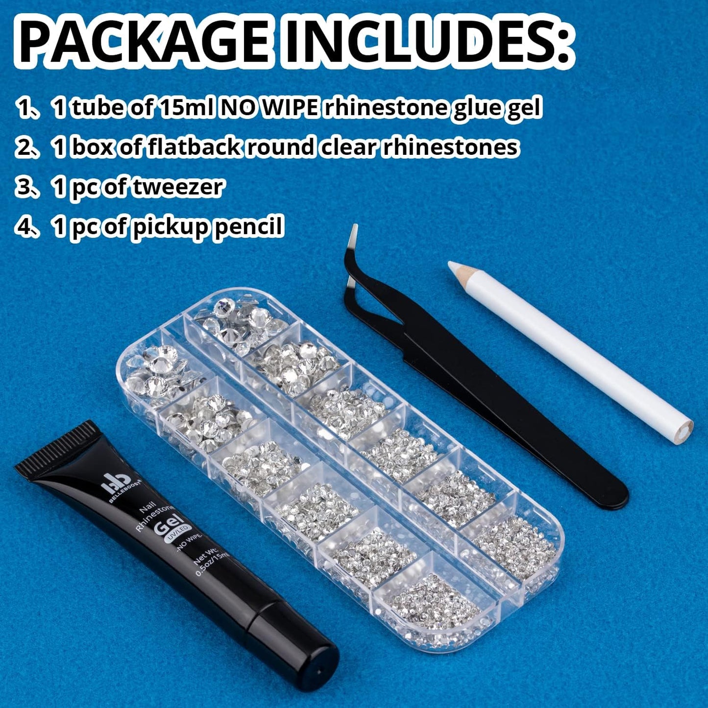 Nail Art Rhinestone Glue Gel&Flatback Gems Accessories Kit, 1 Tube of 15ml Rhinestone Gel Glue(UV/LED Needed)+1 Box of Flat-Back Round Glass Crystal Clear Gemstones with Pickup Pencil and Tweezer