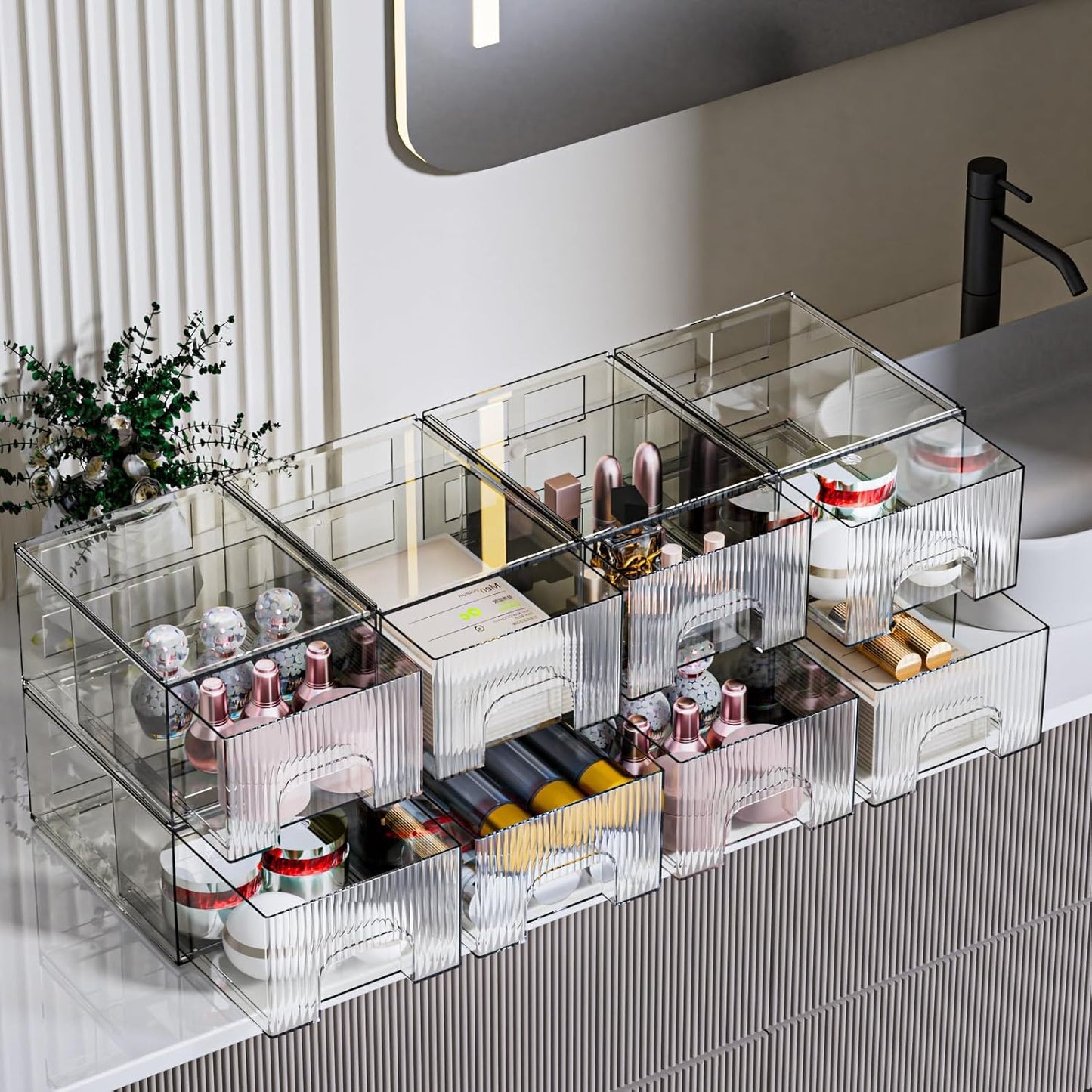 ZJIAI 8 Pack Clear Stackable Storage Drawer, Acrylic Drawer, Cosmetic Organizer, Plastic Organizer for Dresser, Under, Kitchen Cabinet, Pantry, Home Organization and Storage