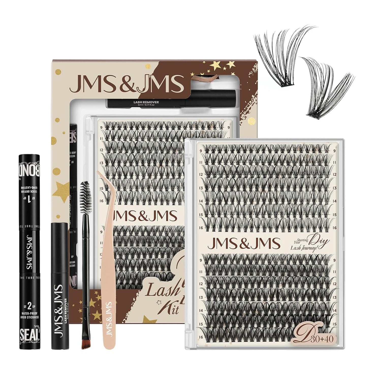 JMS&JMS DIY Lash Extension Kit 280PCS Lash Clusters Kit 30D+40D D Curl 9-16MIX Cluster Eyelash Extensions Kit with Lash Bond and Seal, Lash Remover, Lash Tweezers at Home