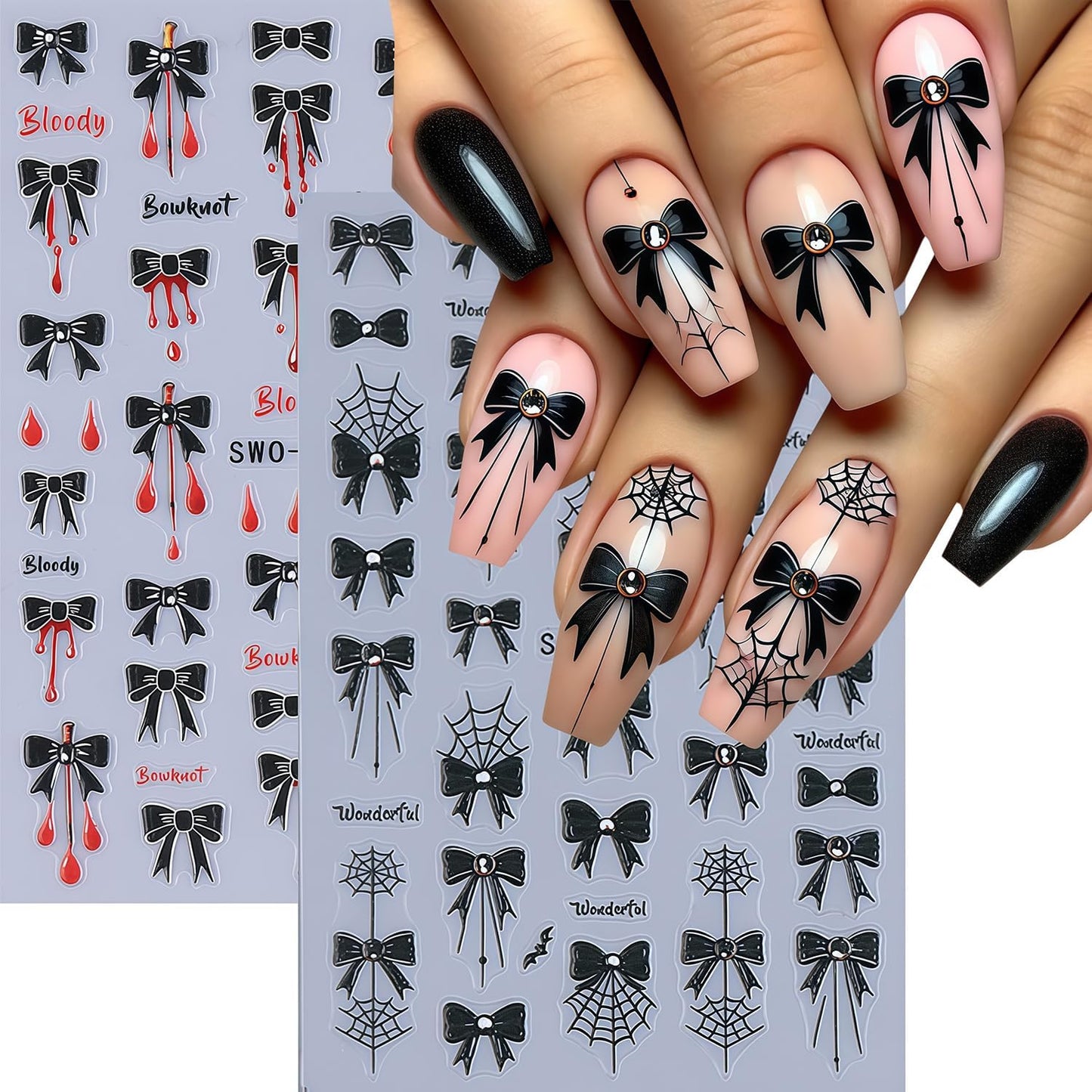 Halloween Nail Art Stickers Spider Web Nail Decals Self-Adhesive Shiny Crystal Diamond Bow and Blood Cute Design Nail Sticker Festival DIY Manicure Decoration for Women Salon Manicure Kit