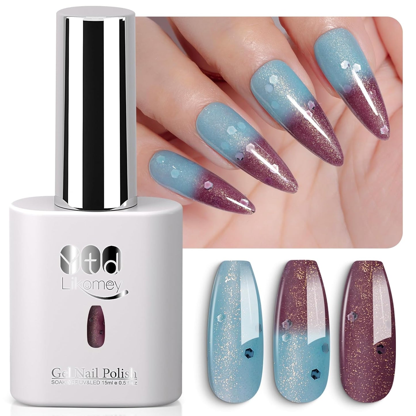 YTD Likomey Color Changing Gel Nail Polish,HEMA Free TPO Free,15ml Turquoise to Deep Purple Shimmer Glitter Mood Temperature Change Colors,Thermal Ombre Manicure Varnish,WB431