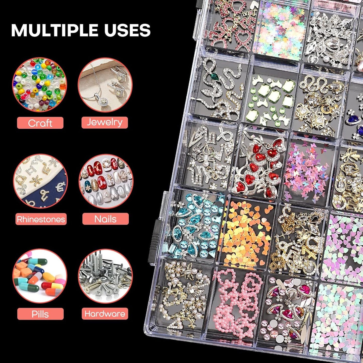 Noverlife 36 Grids Clear Plastic Jewelry Organizer Box, Nail Charm Holder Double Buckle Bead Organizer Storage Container Box, Empty Nail Box Organizer Earring Display Case Acrylic Bead Box for Women