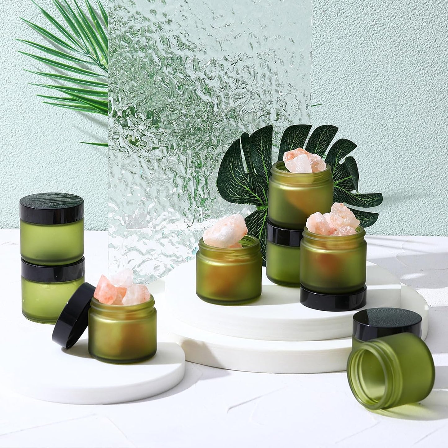 Domensi 32 Pcs 2 oz Glass Jars with Lids Travel Size Round Leakproof Empty Cosmetic Jars with Inner Liners Lid for Storing Makeup Lotions Face Cream Ointments Candle DIY Making (Pea Green)