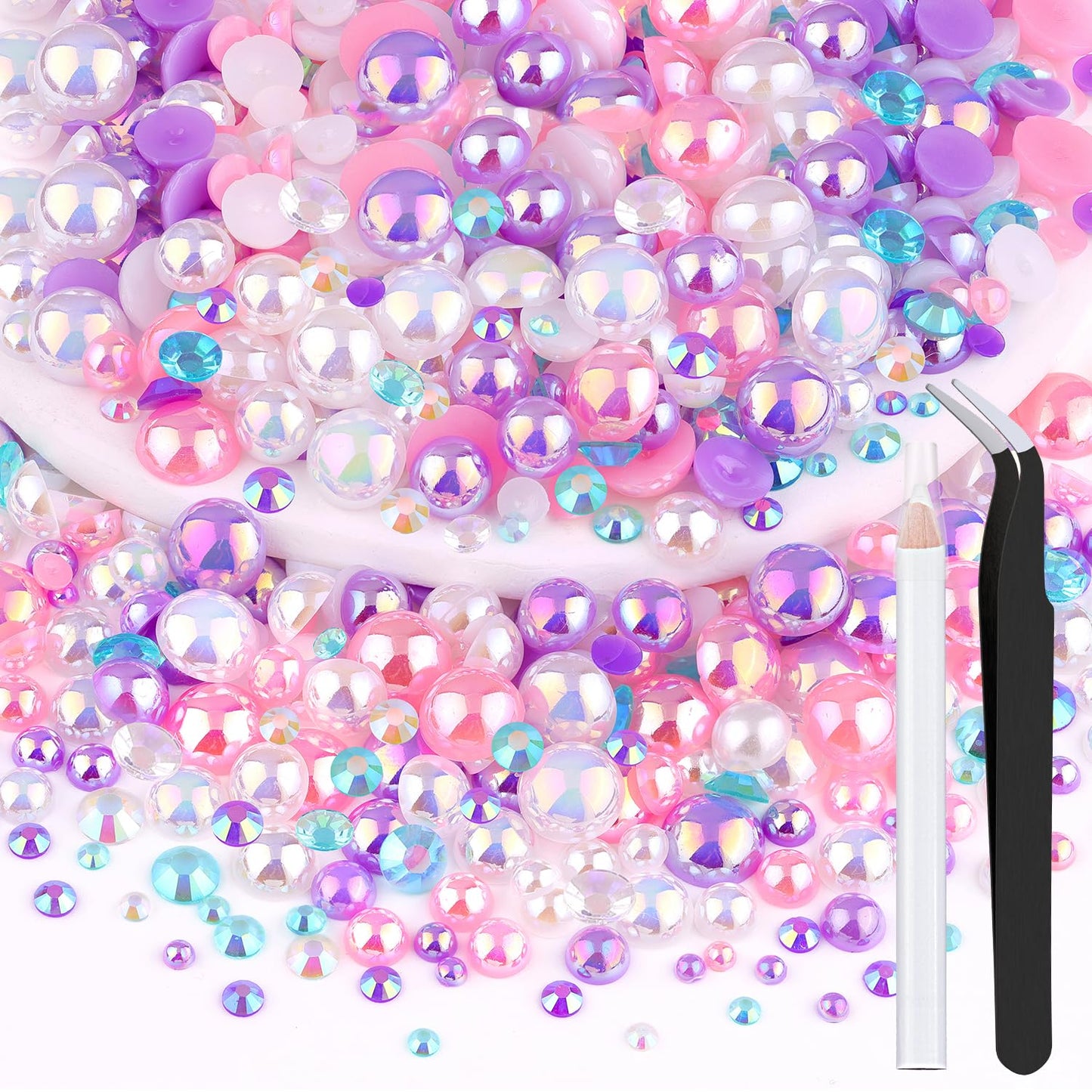 80g Flatback Pearls and Rhinestones for Crafting, Pink Purple Mixed Size 3-10mm Resin Rhinestones and Half Pearls for Bedazzling, Nail Art and Decoration with Tweezer and Pickup Pencil