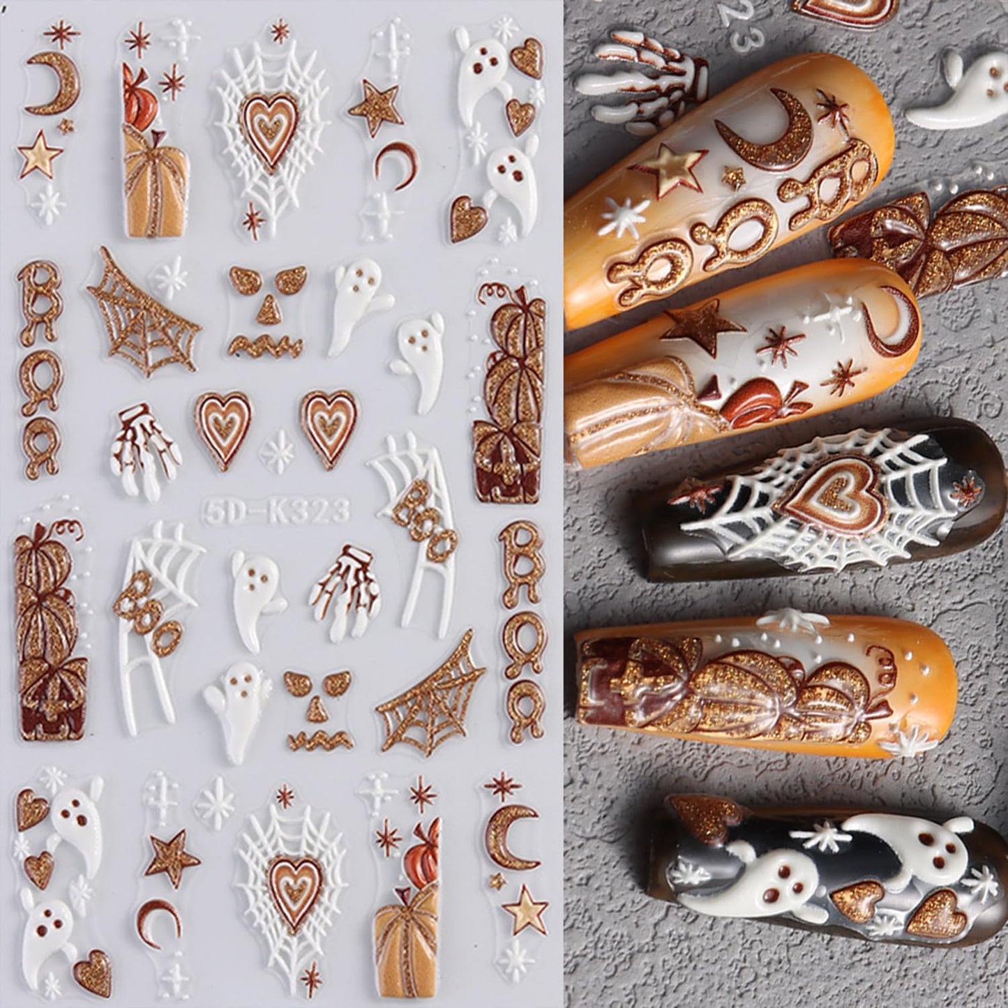 Halloween Nails Art Stickers Decals Cute White Ghost Nail Decals 5D Embossed Pumpkin Spider Web Nail Sticker Self-Adhesive Skull Nails Art Decal for Women Halloween Decor