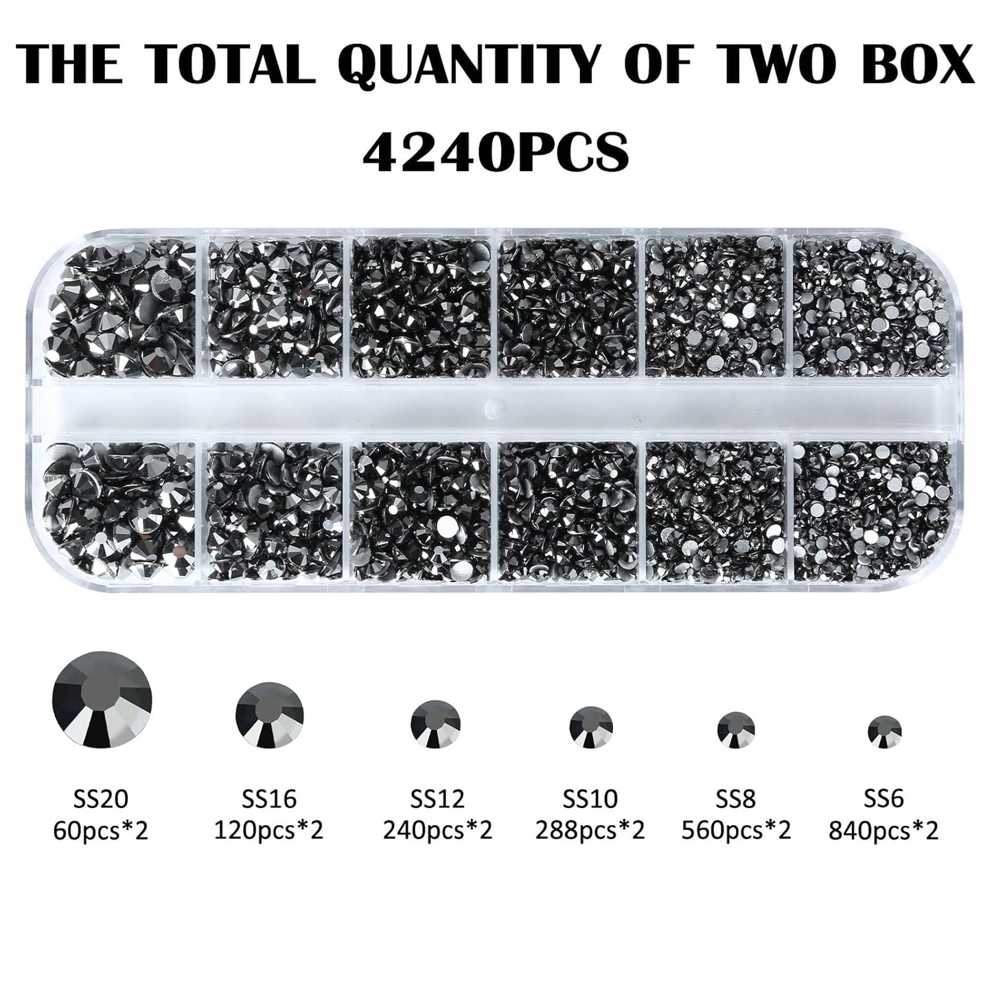4240Pcs Jet Hematite Flatback Rhinestones 6 Sizes Crystal Diamonds for Nail Art Crafts Clothes Shoes with Tweezers and Picking Pen