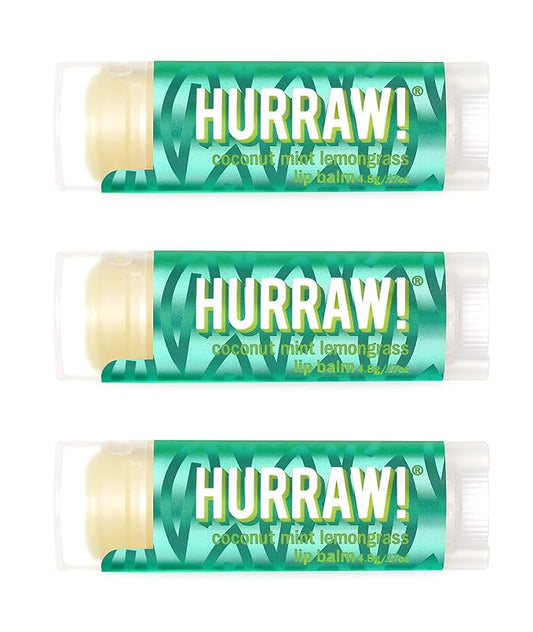 Hurraw! Coconut, Mint, Lemongrass (Pitta) Lip Balm, 3 Pack: Organic, Certified Vegan, Cruelty and Gluten Free. Non-GMO, 100% Natural Ingredients. Bee, Shea, Soy and Palm Free. Made in USA