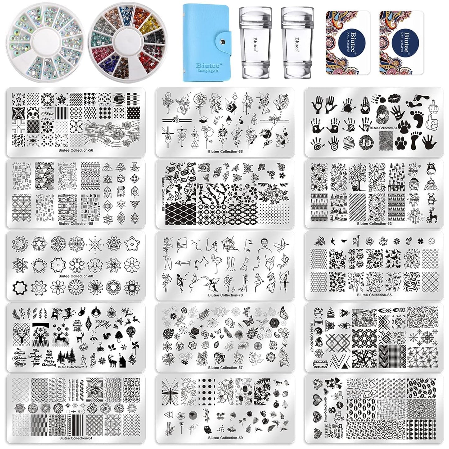 Biutee Christmas Nail Stamp Plate Kit Jelly Silicone Clear Stamper Nail Art Stamping Plate French Tip Template Nail Rhinestone Decoration Scraper Deer