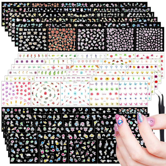 Blulu 5000 Pcs Flower Nail Stickers 100 Sheets 3D Self Adhesive Nail Stickers Multi Design Decals Multicolor Flower Manicure Decals with Tweezer(Retro Floral Series)