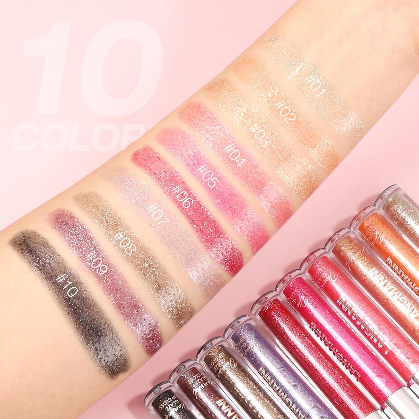 LANGMANNI 2 Colors Diamond Glitter Lip Gloss Set,Long Lasting High Shine Shimmer Liquid Lipstick Set,Hydrating,Moisturizing Lip Gloss Kit Gift Makeup For Girls(#05+06)