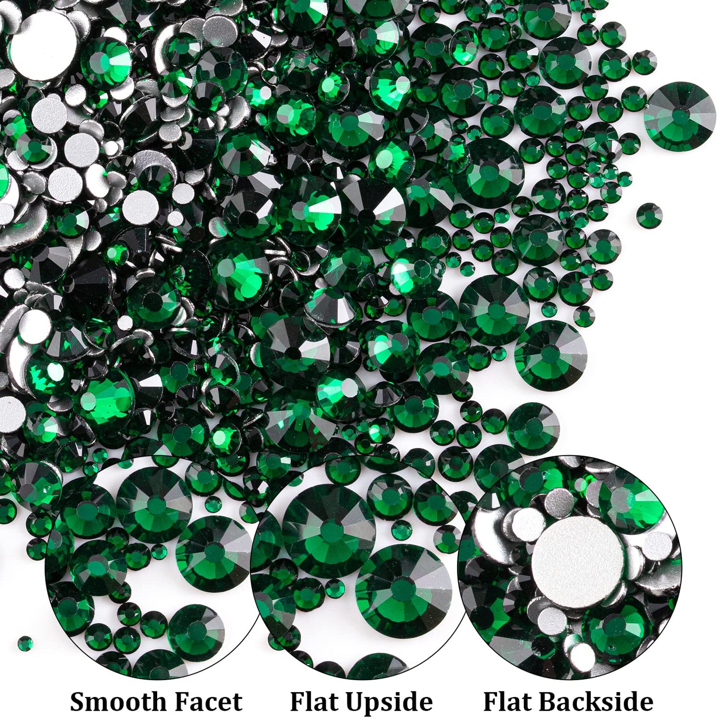 One Pack 2000 Pcs of Flatback Round Dark Green Rhinestones 6 Sizes (1.5-6 mm) with Nail Art Rhinestone Picker Pencil and Tweezers for DIY and Salon Use