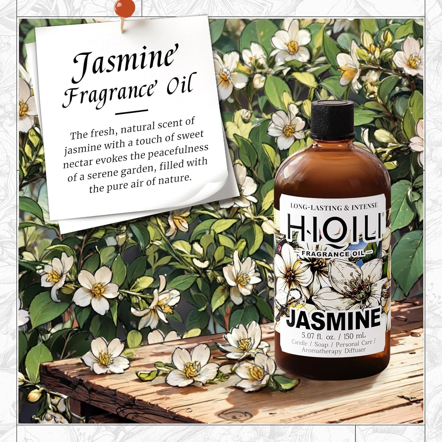 HIQILI Jasmine Fragrance Oil for Aromatherapy Diffuser, Floral Scent for Candle, Perfume Making, Skin Care, Laundry Essential Oil - 5.07 Fl Oz