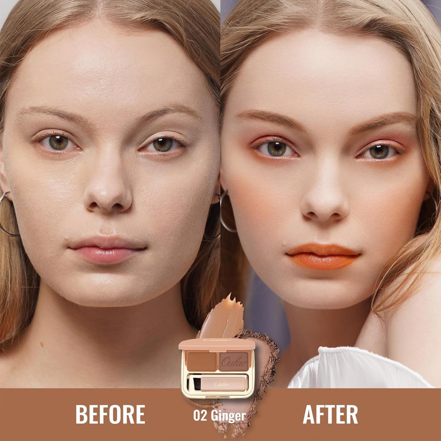 Oulac Waterproof Brown Eyebrow Powder Kit with Brow Brush 2 in1 Long Lasting Instant Eyebrow Pomade & Powder Natural Makeup for Sparse Brows 3.2 g/0.11 oz (Ginger）