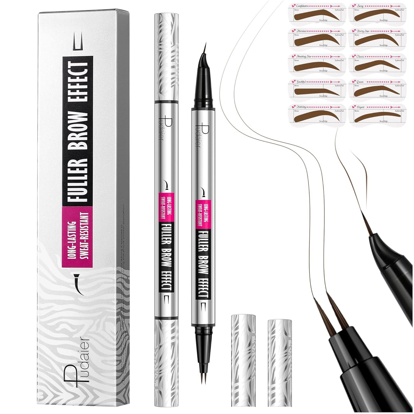 2 Pack 2 Fine Tip Eyebrow Pen, Waterproof Filling Faux Brow Makeup Pencils for Women with Precise Curved Brush-Tip to Fast Create Natural Hair-Like Brows, Last All-Day (Dark Brown)