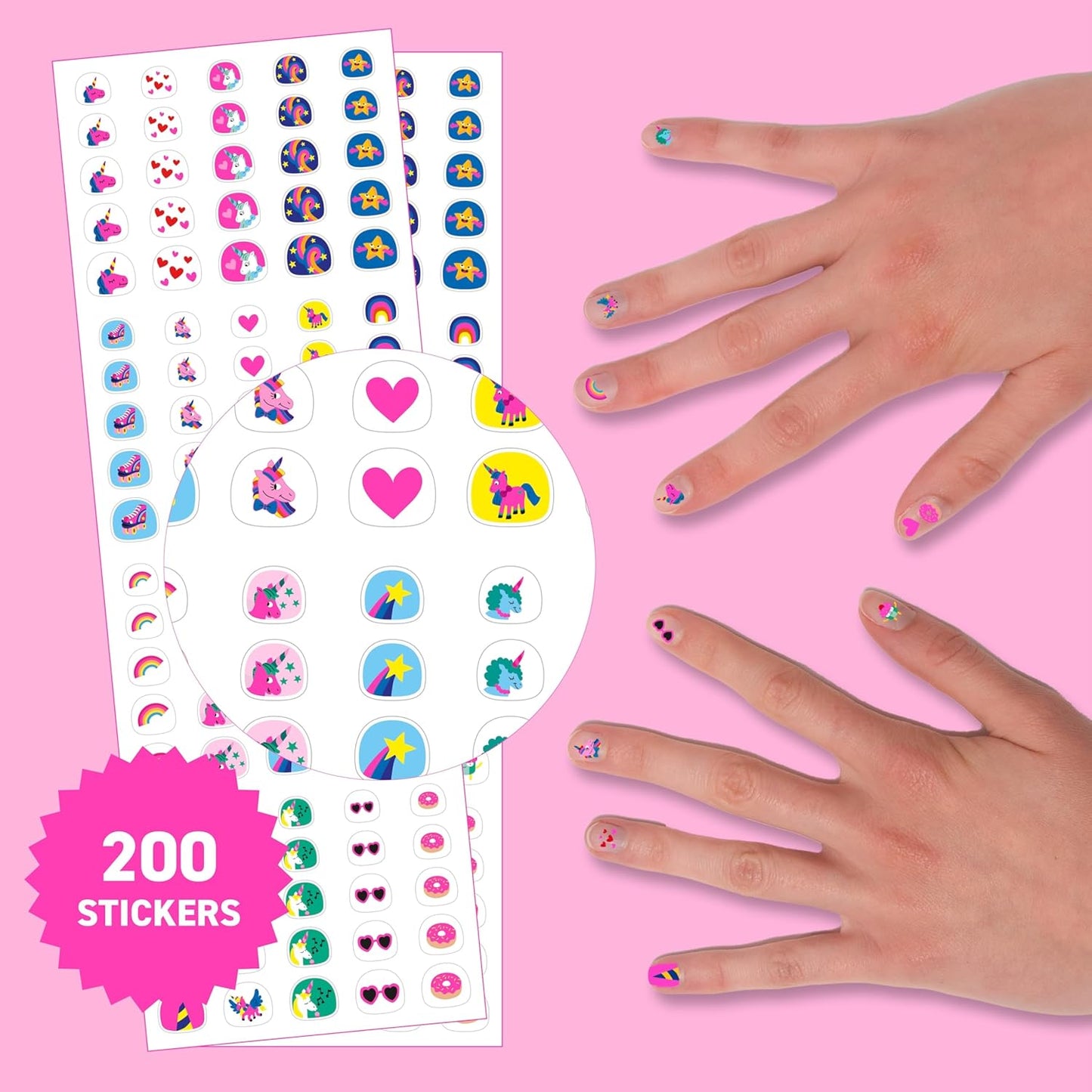Omy Unicorn Nail Stickers for Kids - 200 Stickers, Waterproof, Durable, Fun, Creative Designs | Strong Enough to Last Through Hand Washing - Easy to Apply, Safe, Non-Toxic | Age 3 and Up