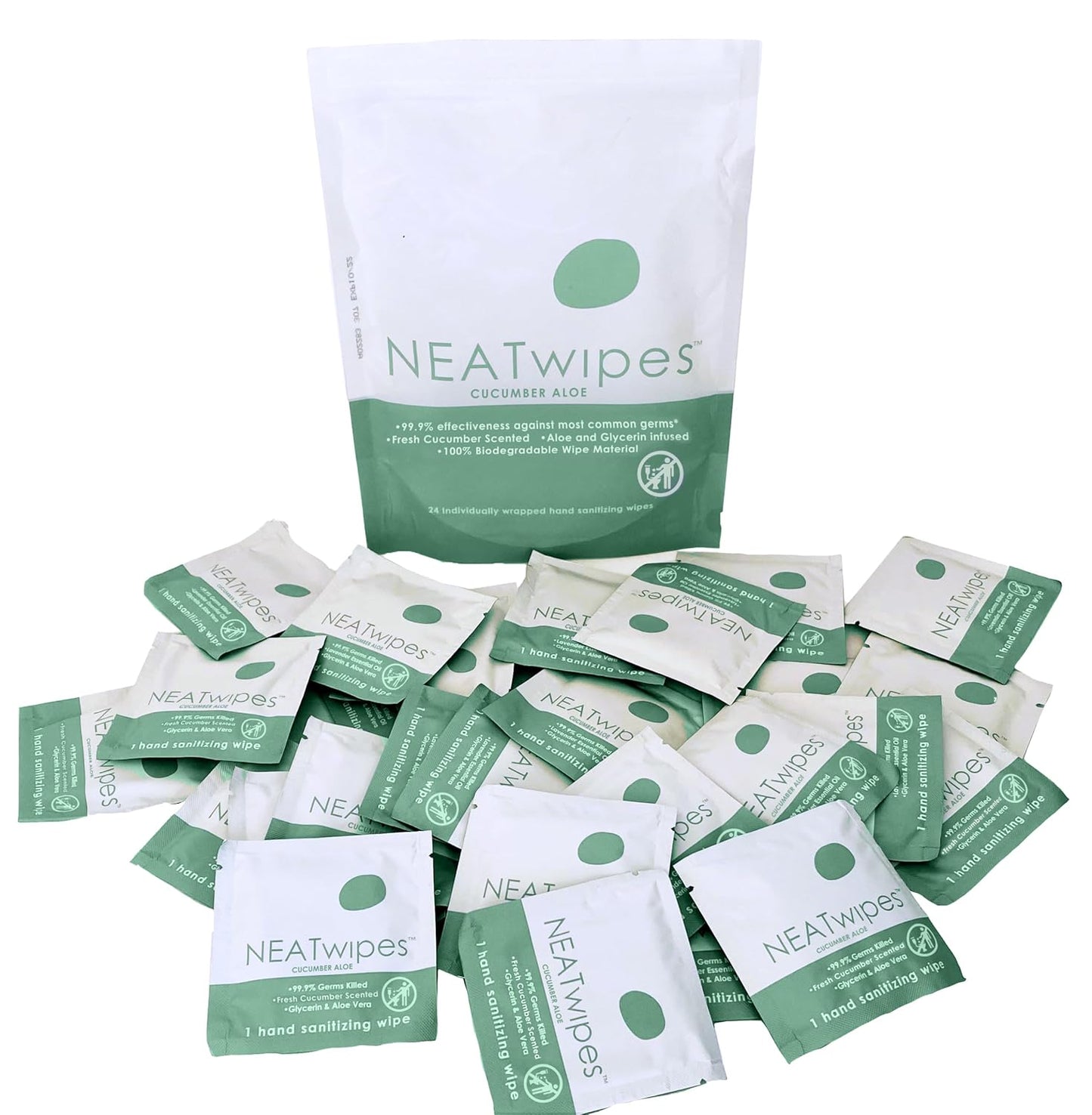NEATwipes Hand Sanitizing Wipes | Travel Size | Disposable Wet Wipe & Biodegradable | Cucumber Aloe Essential Oil | Soothing Aloe & Glycerin | 24 Individually Wrapped Wipes