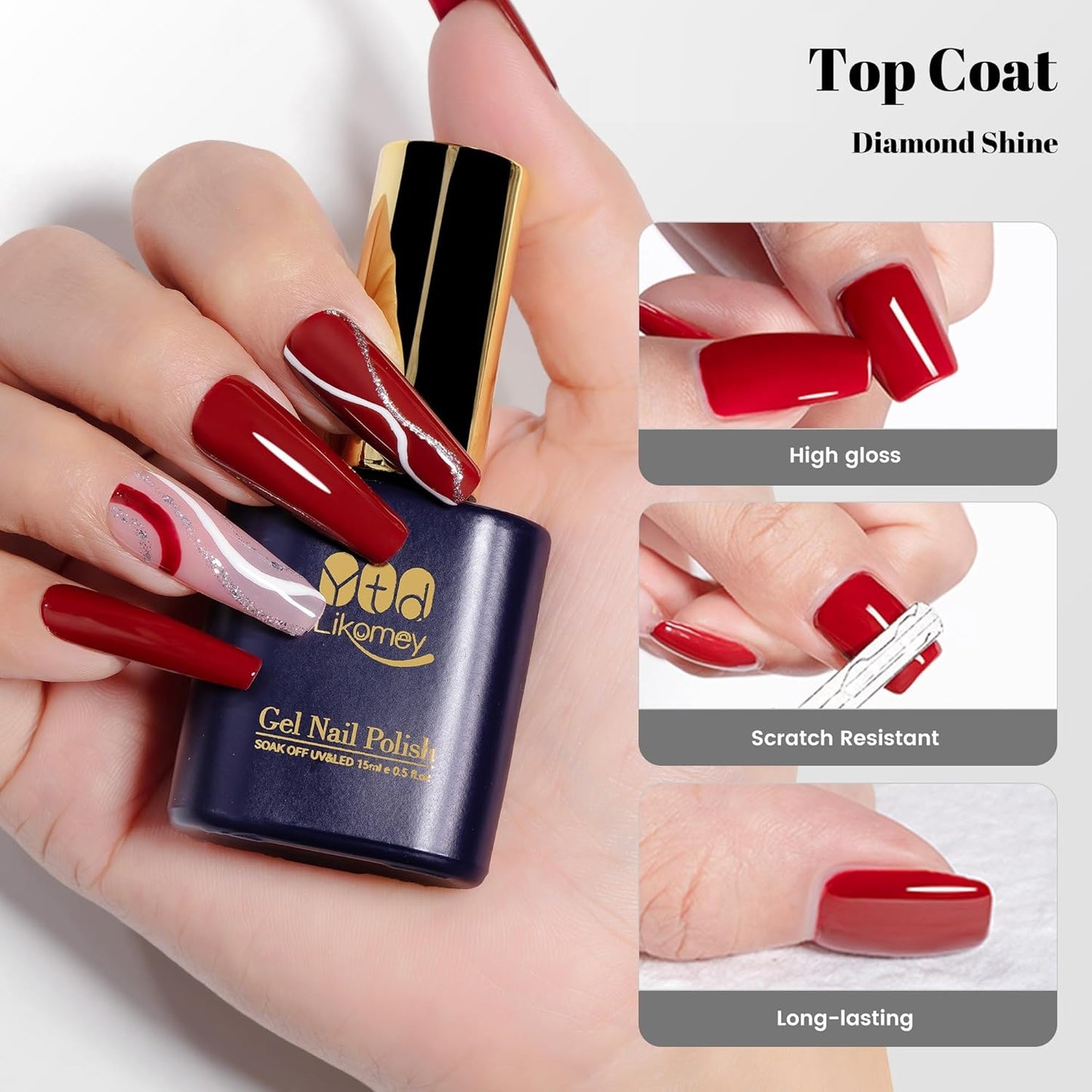 YTD Likomey Gel Nail Polish Base Coat Top Coat Builder Gel Set,3 Pcs 15ml No Wipe High Glossy Multi-Function Extension Long Lasting Reinforce Shaping Hard UV Nail Varnish Kit,HEMA Free