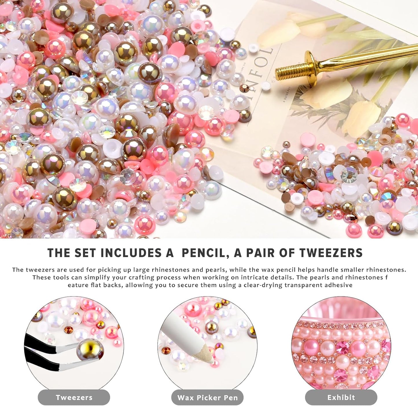 80g Mix Flatback Pearls and Rhinestones for Crafts Pink Brown Mixed Size 2mm-10mm Half Round Pearls Rhinestones for Nail Art Tumblers Shoes DIY Bedazzling with Tweezers Wax Pen