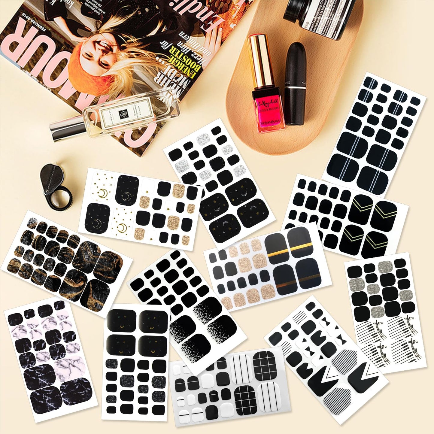 SILPECWEE 20 Sheets Black Toe Nail Stickers Full Nail Wraps for Toes Toenail Polish Strips Gel Nail Strips Self Adhesive Toenails Polish Stickers Nail Art Manicure Sticker with Nail File