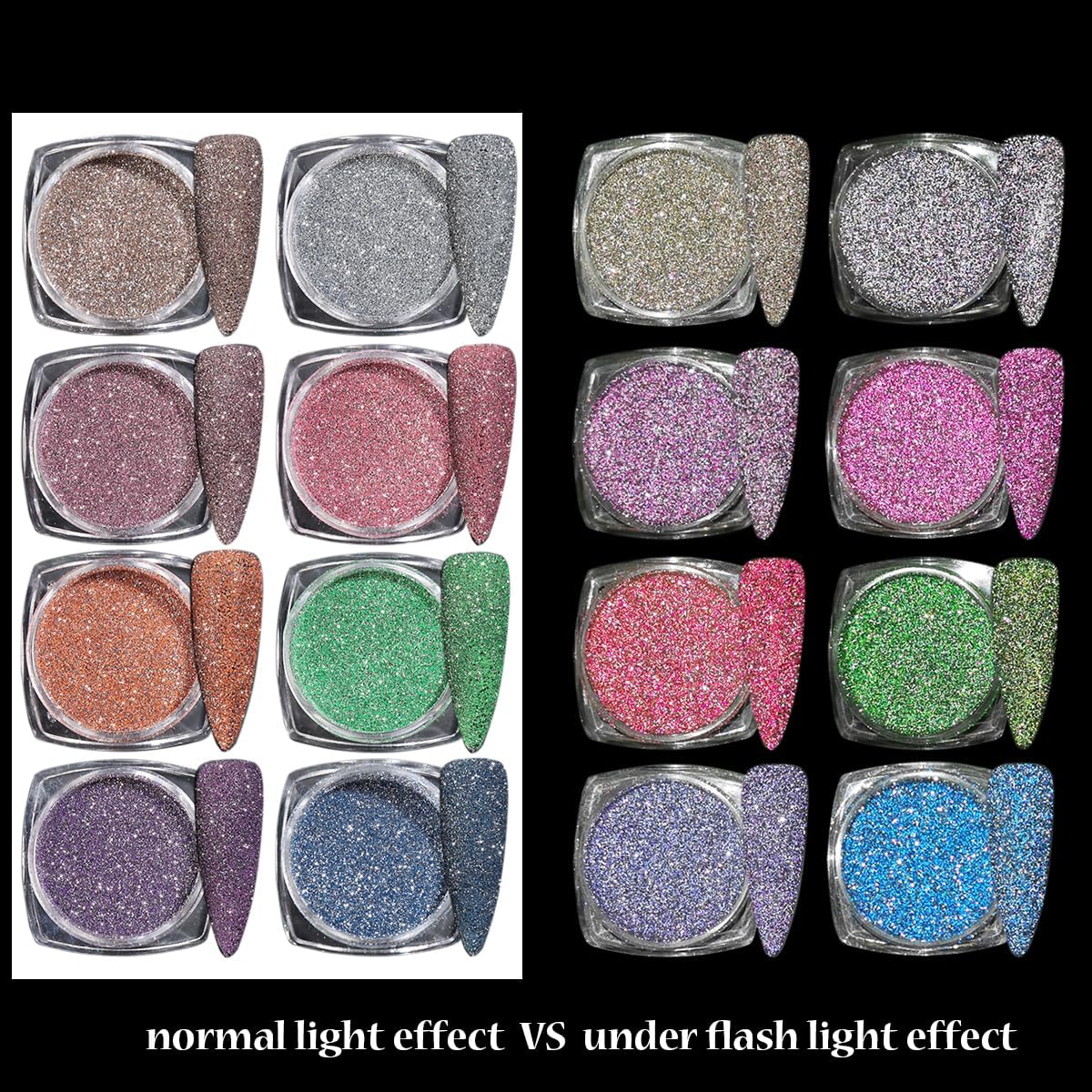 Reflective Glitter Powder Set, 8 Colors Sparkle Diamond Nail Glitter Dust, Silver Pink Purple Green Loose Glitter for Nails, Shiny Sugar Nail Powder Dipping Pigment, Nail Supplies