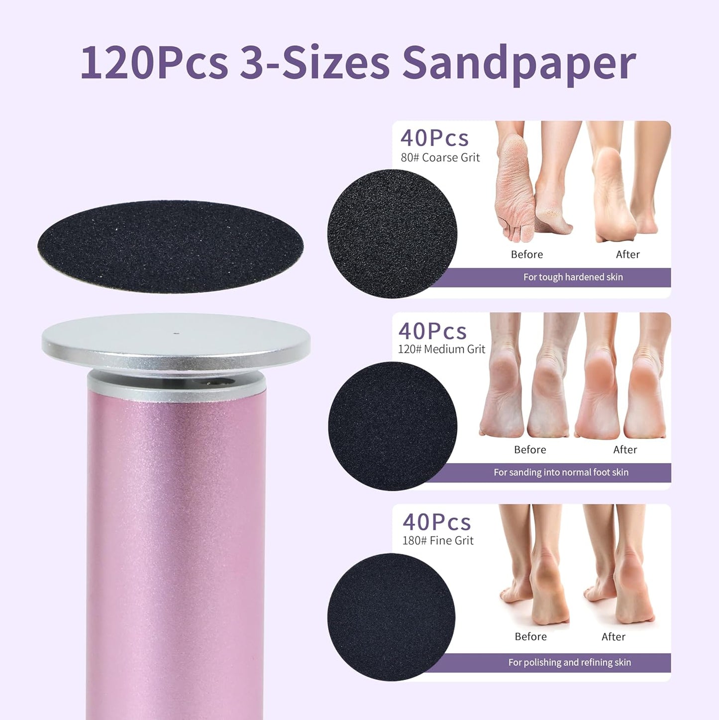 Electric Foot Callus Remover with 120pcs Sandpaper Discs(3 Sizes), Professional 800RPM Aluminum 4.8 Inches Callus Remover for Feet, Stepless Speed Control for Dead Skin (Purple)