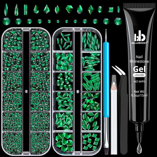 Rhinestones for Nails, Manicure Kit with Nail Rhinestone Glue Gel, Multi Shapes Dark Green Glass 3D Nail Charms + Flatback 2-5mm Round Beads & Gem Glue for Nails (UV/LED Needed) with Dotting Tools