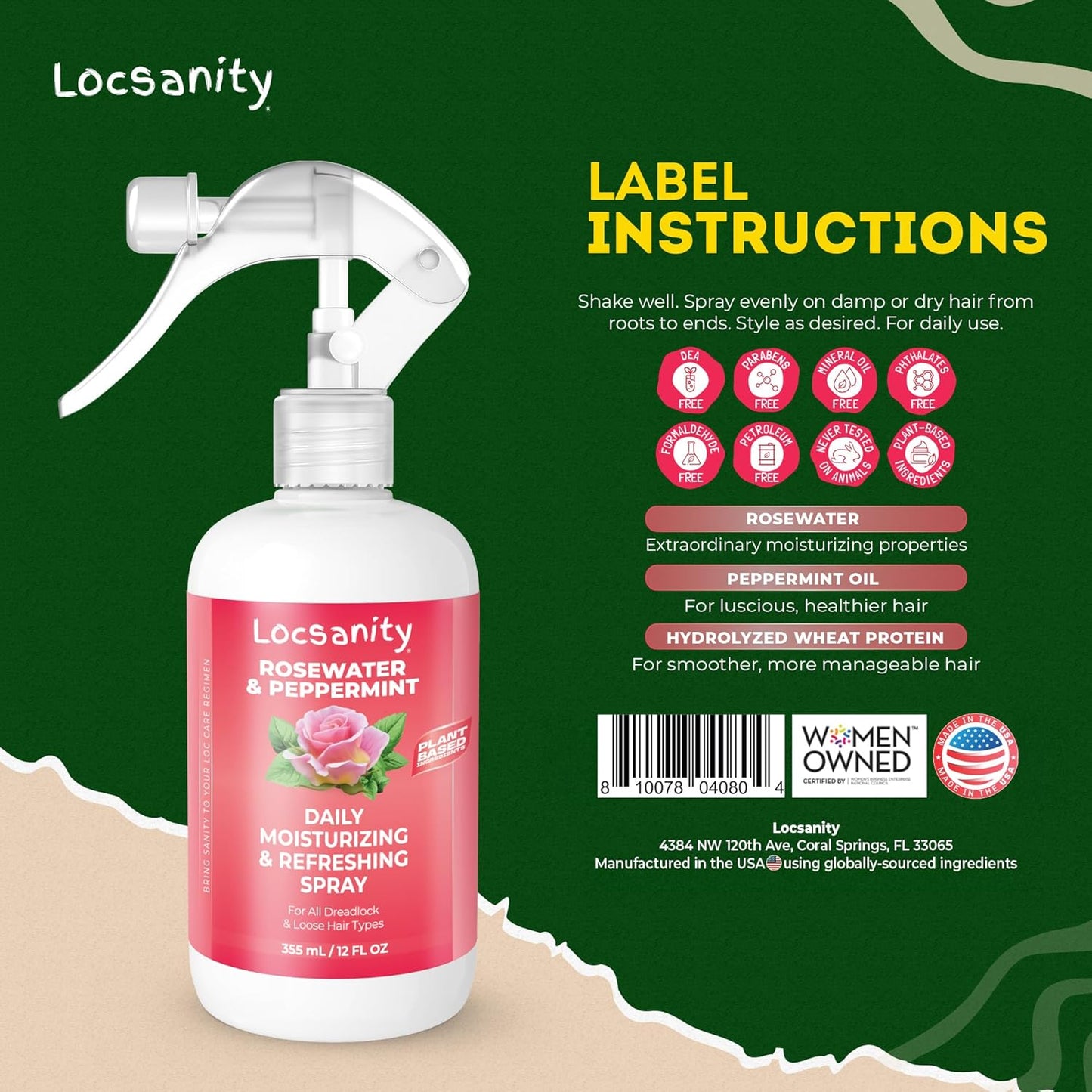 Locsanity Daily Moisturizing Refreshing Spray for Locs, Dreadlocks - Rose Water and Peppermint Hair Scalp Moisturizer, Dreadlock Spray - Natural Loc Care and Maintenance (12oz)