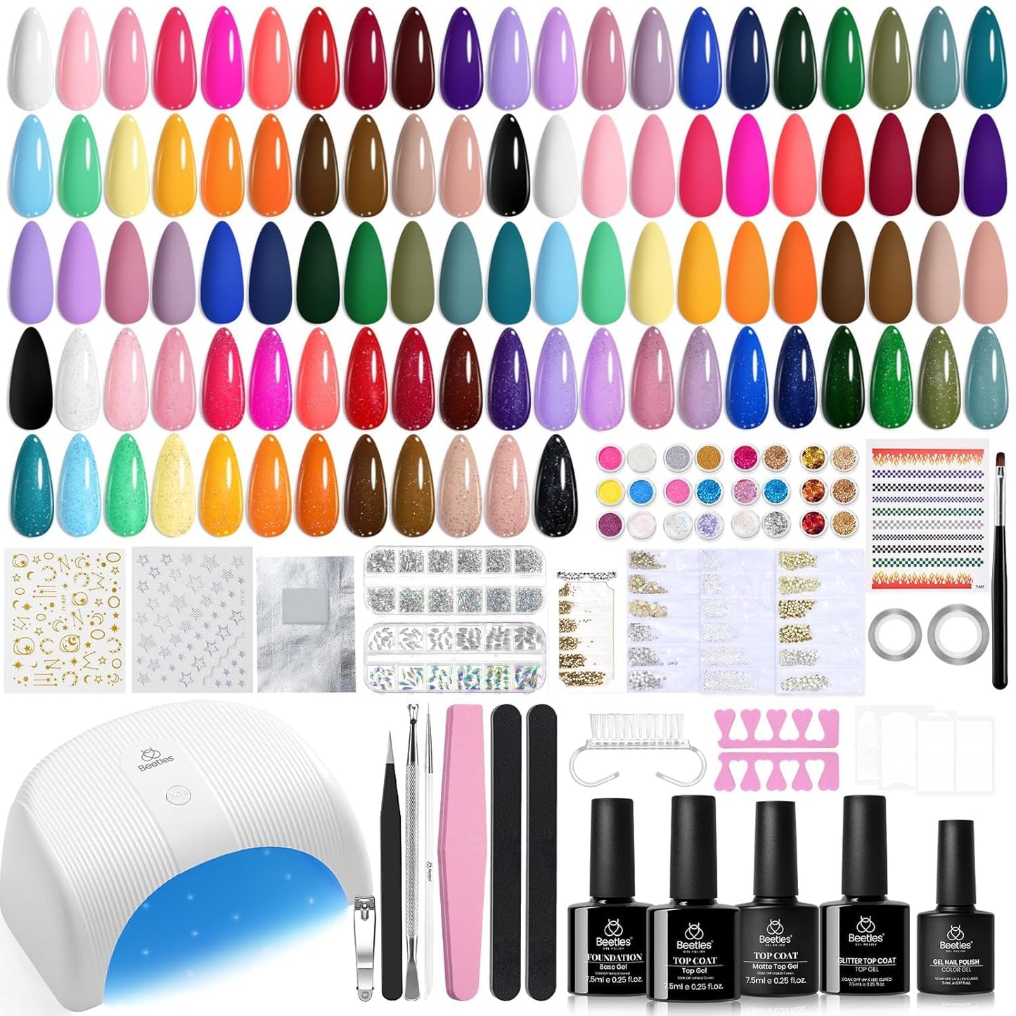 Beetles Gel Nail Polish Kit with U V Light - 53 Pcs Emotional Spectrum Pro 32 Colors Gel Nail Kit with Base &Matte &Glossy Top Coat and Tools Decoration Manicure Set Soak Off Gifts for Women Girls