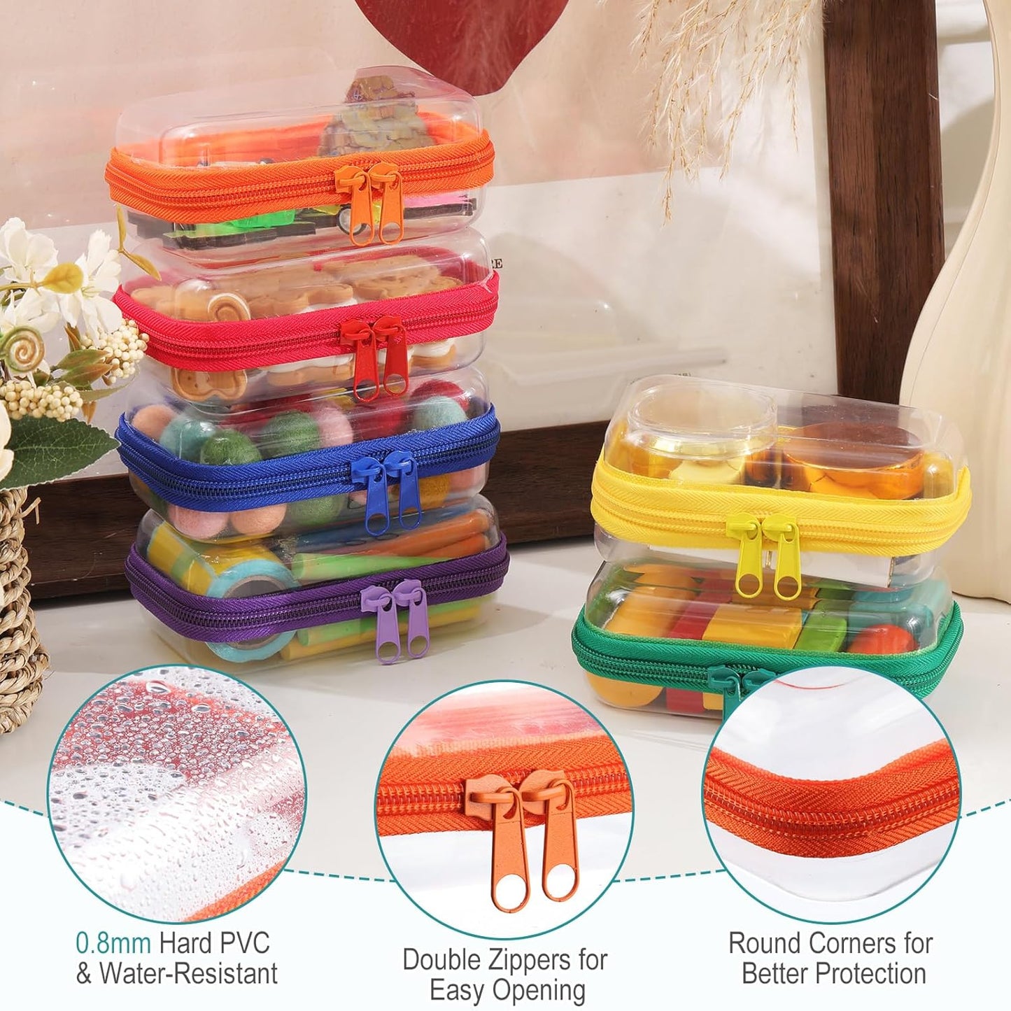 Sanwuta 6 Pcs Clear Hard Zipper Case Pencil Pouches Hard Plastic Zipper Pouches Makeup Bag Transparent Cases for Snacks Plastic Storage Organizer Box for Travel