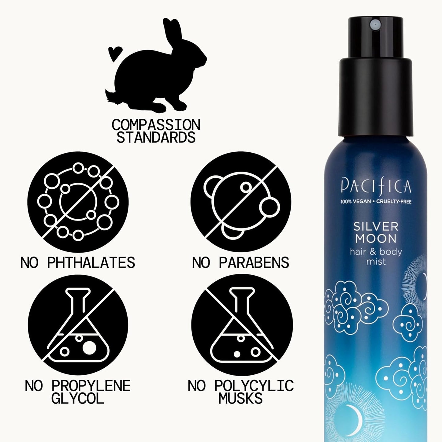 Pacifica Silver Moon Hair Mist Perfume & Full Body Spray for Women - Body Mist Fragrance w/BTonka, Santal, Cardamom, Vanilla Bean, Musk & Amber – Clean Beauty Alcohol-Free, Vegan & Cruelty-Free, 5 oz