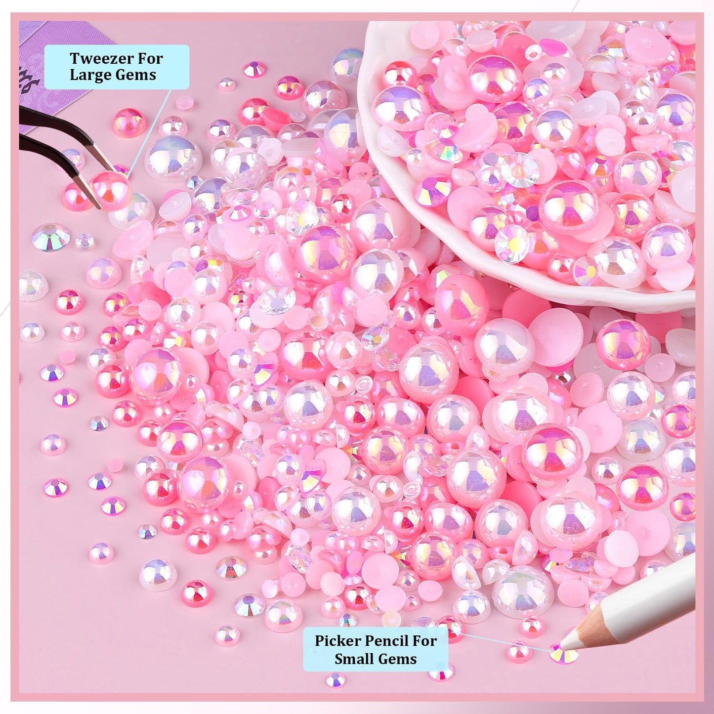 9000Pcs Flatback Pearls and Rhinestones for Crafting, Pink White Mixed Size 3-8mm Resin Rhinestones and Half Pearls for Bedazzling, Nail Art and Decoration with 3pcs B7000 Jewelry Glue