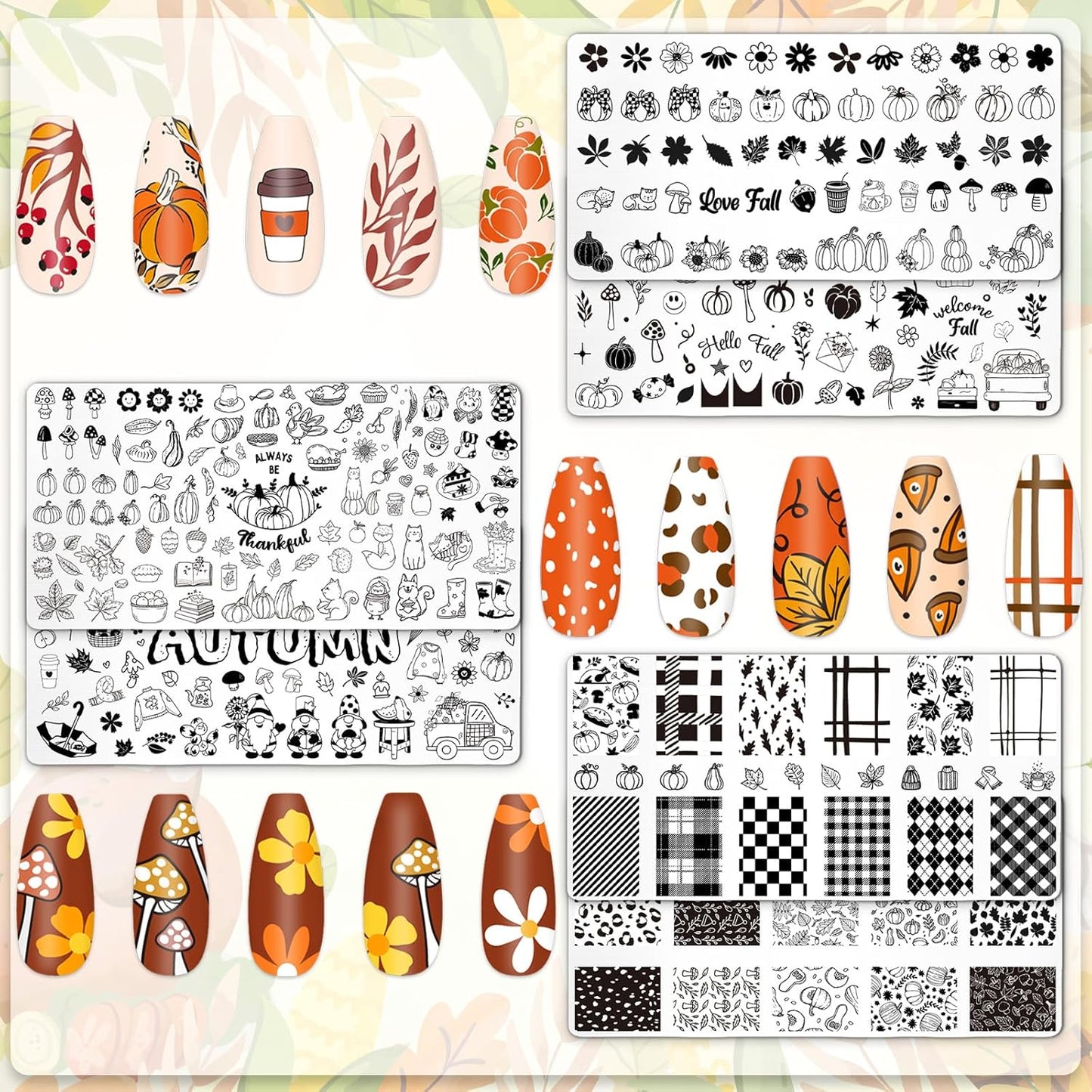 Whaline 6Pcs Fall Nail Plates Stamping Set Pumpkin Leaves Stamp Templates Nail Art Plates for Autumn Harvest Thanksgiving DIY Print Manicure Salon Design