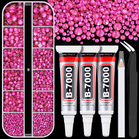 Resin Rhinestones for Crafting with B7000 Jewelry Glue, 1 Box Hot Pink Flatback Crystals with 3Pcs 10ml Glue for Bedazzling Crafts DIY Nail Art Makeup，Non Hotfix Gems for Clothing Shoes