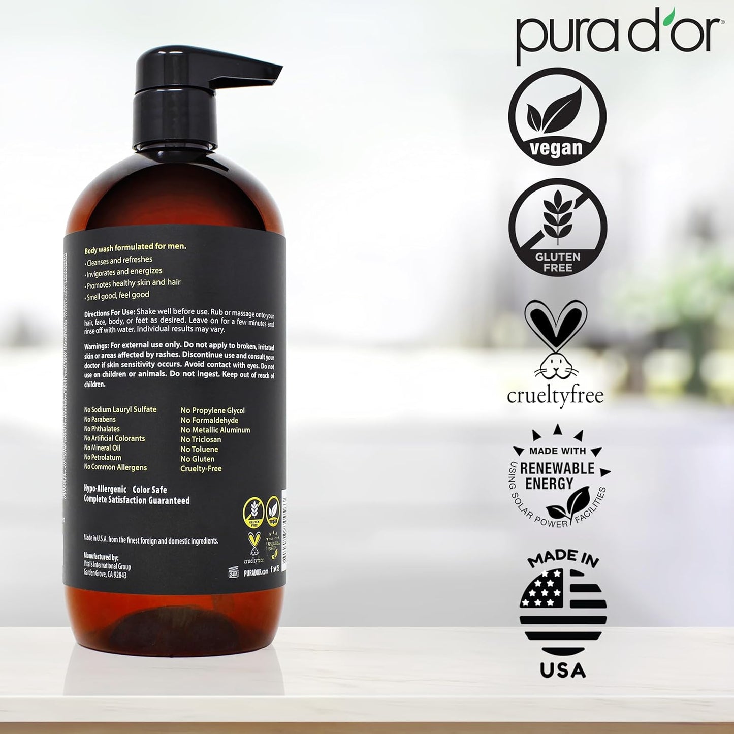 PURA D'OR 24 Oz 8-in-1 Hair & Body Cleanser For Men – Sulfate-Free, Multi-Use Wash for Hair, Face, Beard & Body, with Organic Aloe Vera, Cedarwood & Lemongrass, Energizing & Deodorizing Formula