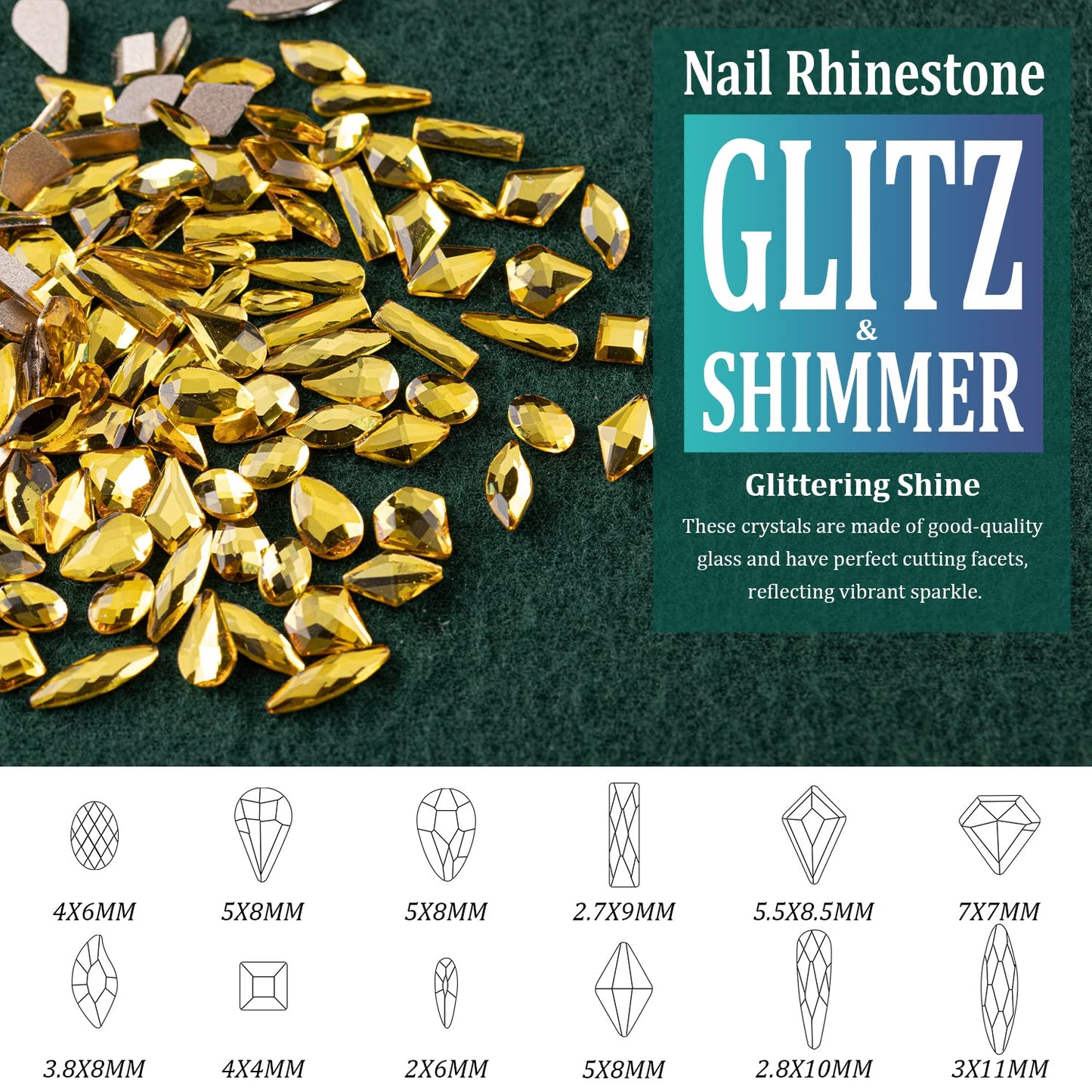 Multi Shapes Lemon Yellow 3D Glass Crystal Nail Art Rhinestones Kit with Flatback Round Bead Charm Gem Stone Jewelry Diamond with Pickup Pen + Tweezer for Manicure Makeup DIY Craft Decoration