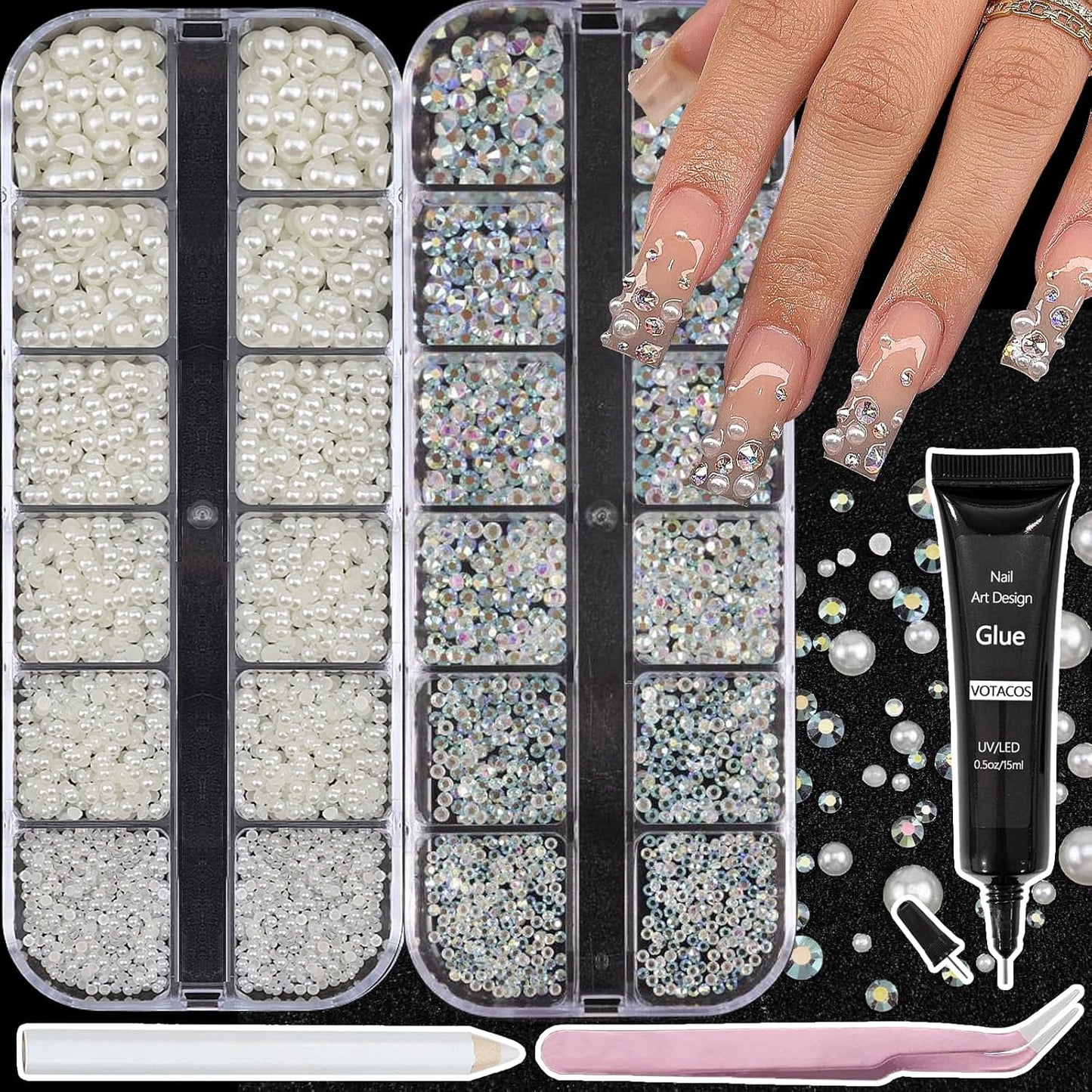 Nail Art Pearls Rhinestones with Glue Gel Flatback Cream Pearls AB Rhinestones Nail Charms Mixed Size 0.04-0.2in Nails Gems Pearl Accessories for Women Nails Design Decoration