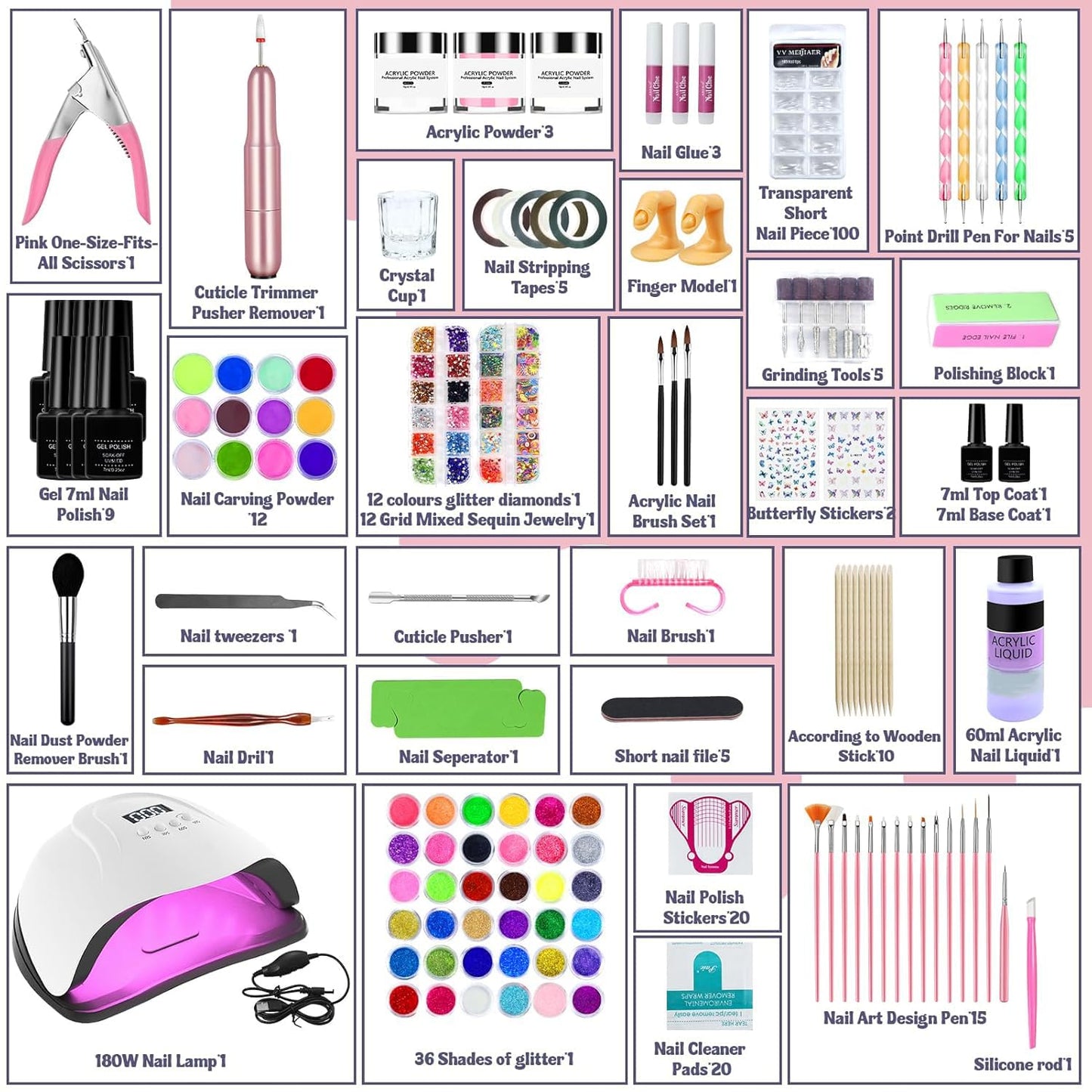 Acrylic Nail Kit, Acrylic Nail Set with Drill and UV Light,Professional Colored Acrylic Nail Powder Nail Starter Kit Decoration Tools with Everything for Beginners Full Acrylic Nail Supplies