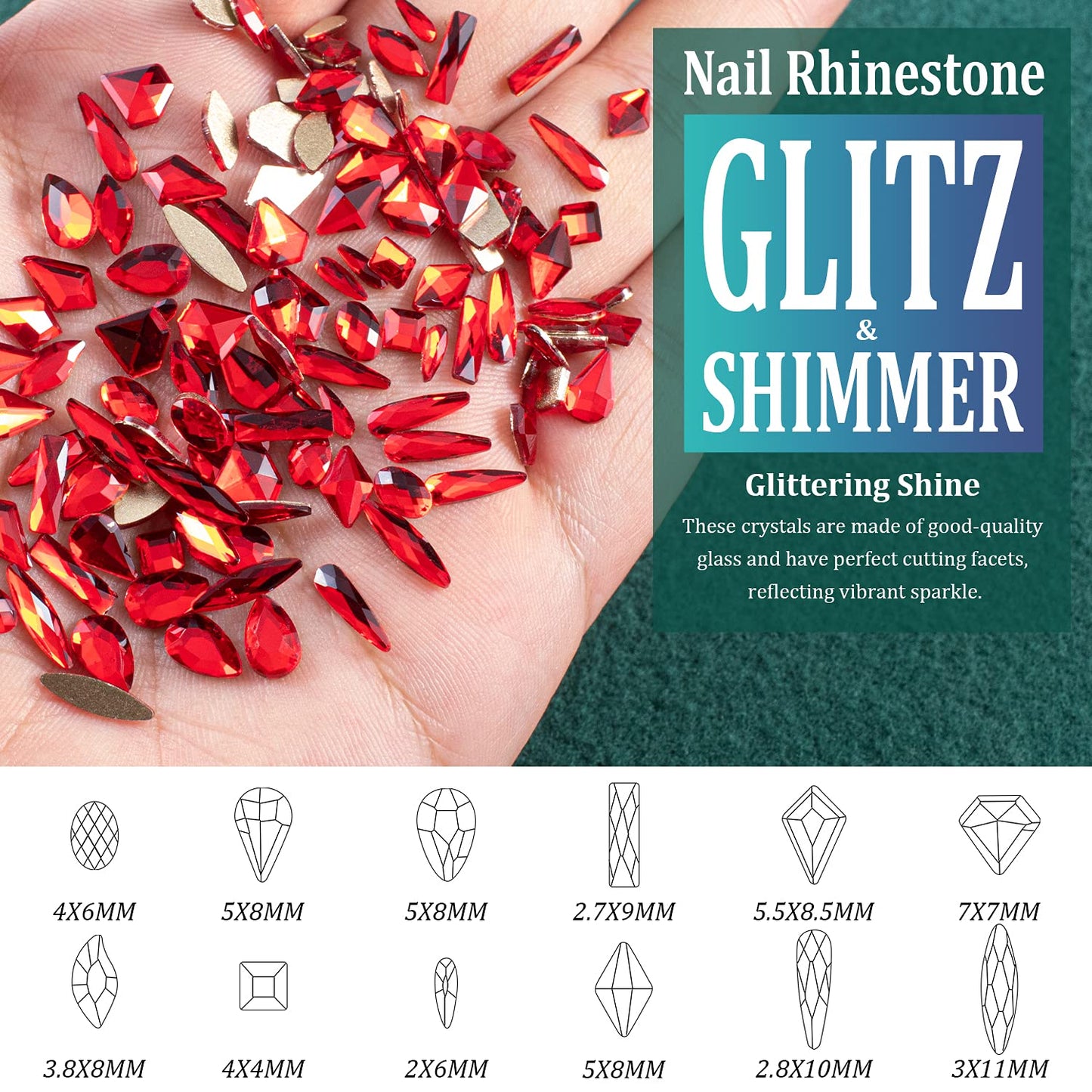 Multi Shapes Red 3D Glass Crystal Nail Art Rhinestones Kit with Flatback Round Bead Charm Gem Stone Jewelry Diamond with Pickup Pen + Tweezer for Manicure Makeup DIY Craft Decoration