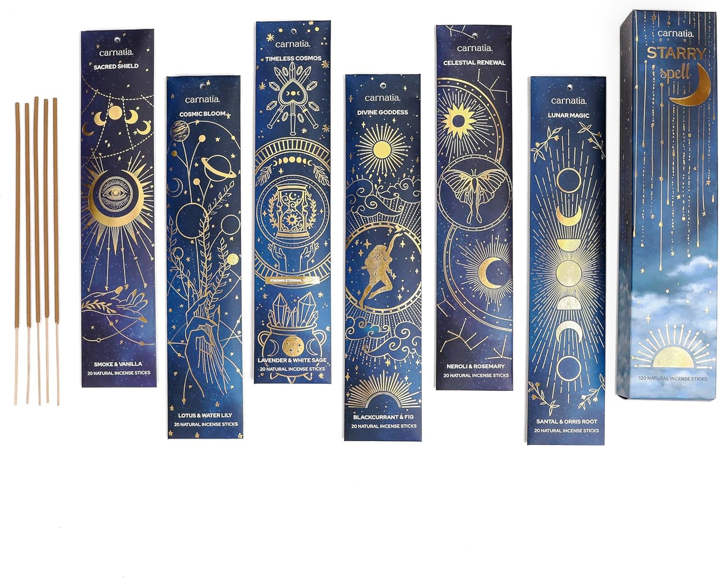 Carnatia Starry Spell Incense Sticks – Set of 6 Mystical Scents, 120 Premium Sticks for Creativity, Focus, Manifestation & Meditation | Natural, Slow-Burning for Spiritual Rituals & Self-Care!