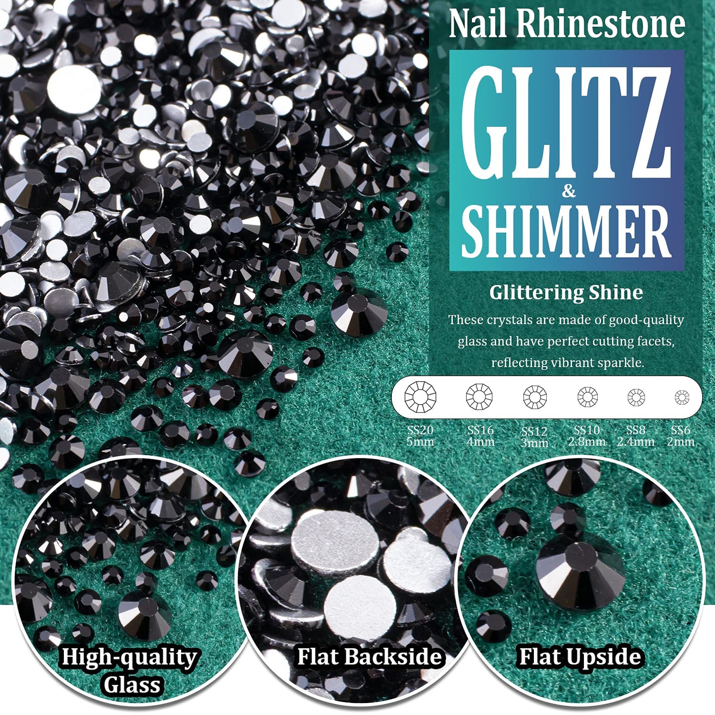 3440PCS 6 Sizes Black and Red Glass Crystal Kit with Pickup Pen + Tweezer Tools for Iridescent Shine Nail Art Manicure Makeup DIY Deco Flatback Round Bead Rhinestone Gem Jewelry Diamond