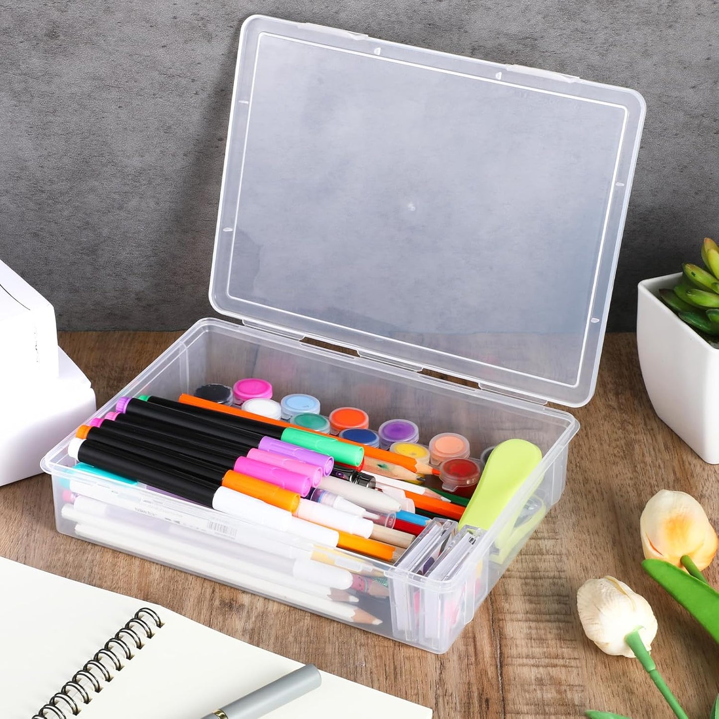 6 Pcs 7'' x 9'' x 2'' Plastic Storage Box with Lid Multipurpose Craft Organizers Plastic Containers Clear Pencil Case Art Satchel Storage Case for Beads Ornaments Crafts Accessories