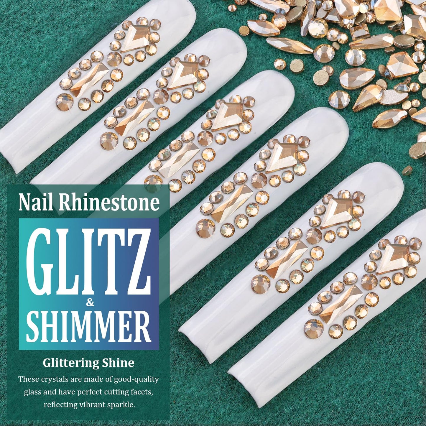 Multi Shapes Champagne 3D Glass Crystal Nail Art Rhinestones Kit with Flatback Round Bead Charm Gem Stone Jewelry Diamond with Pickup Pen + Tweezer for Manicure Makeup DIY Craft Decoration